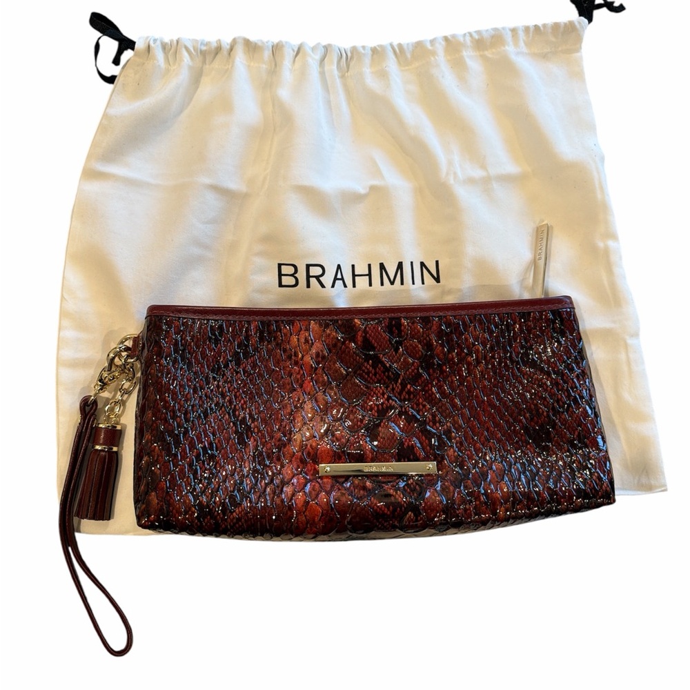 Beautiful Brahmin Burgundy and Black Snakeskin Clutch